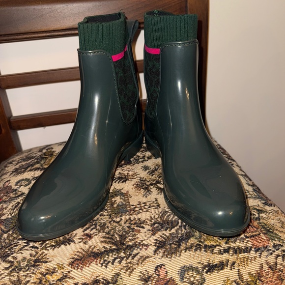 Coach Rainie Signature Sock Rain Boots Green Pink Logo Size 8 - Picture 6 of 15